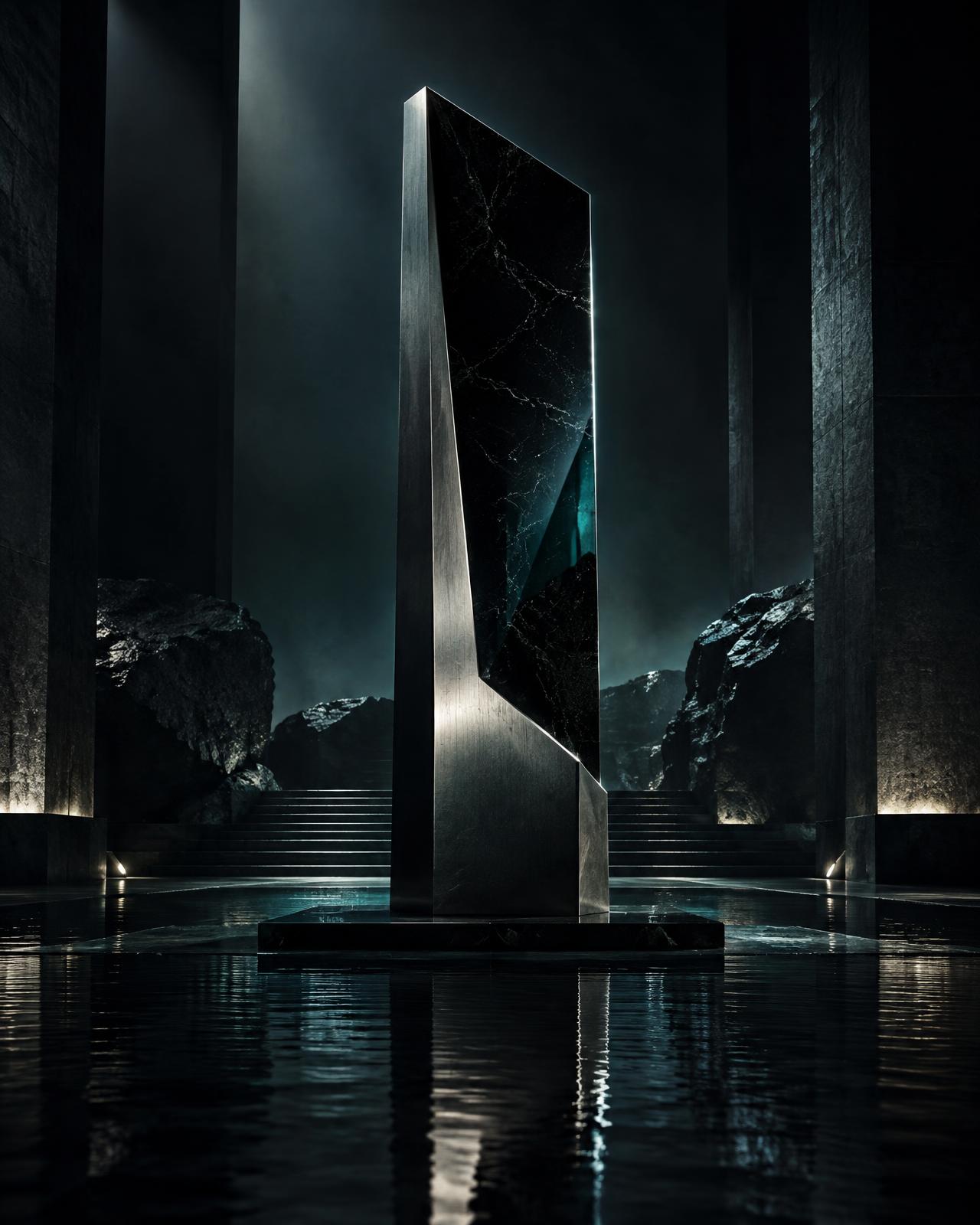 Obsidian and titanium monolith in a dark chamber