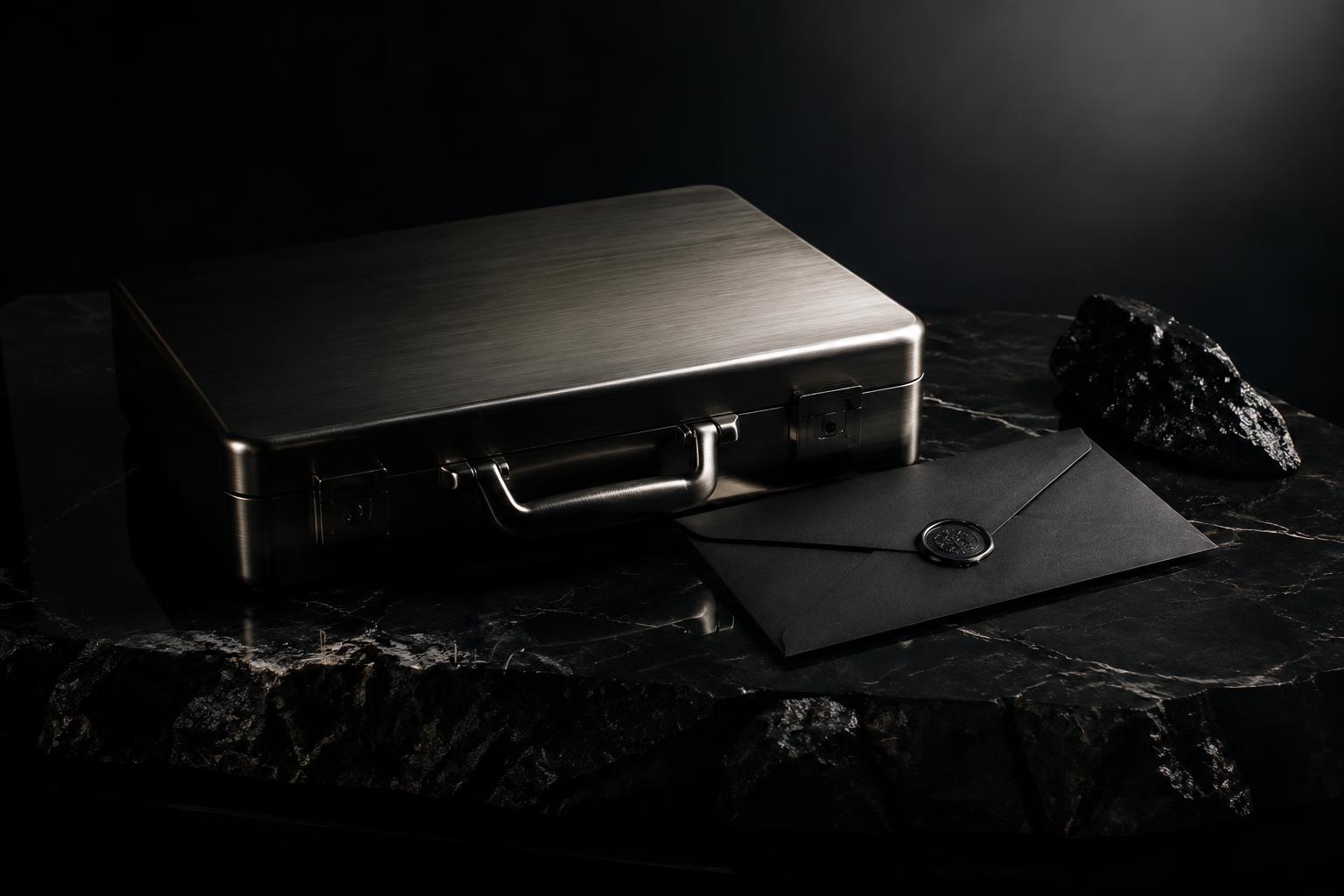 Titanium case and sealed envelope on obsidian stone